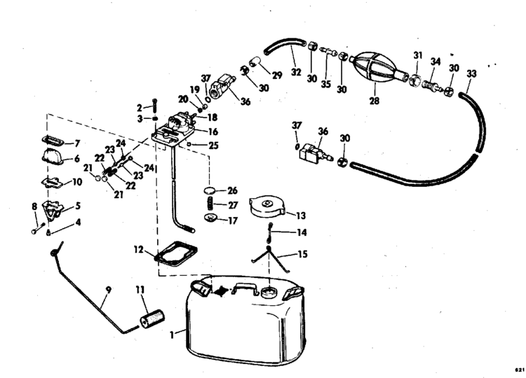 evinrude fuel tank 6 gallon parts for 1976 55hp 55673e outboard motorengine section reference numbers in this diagram
