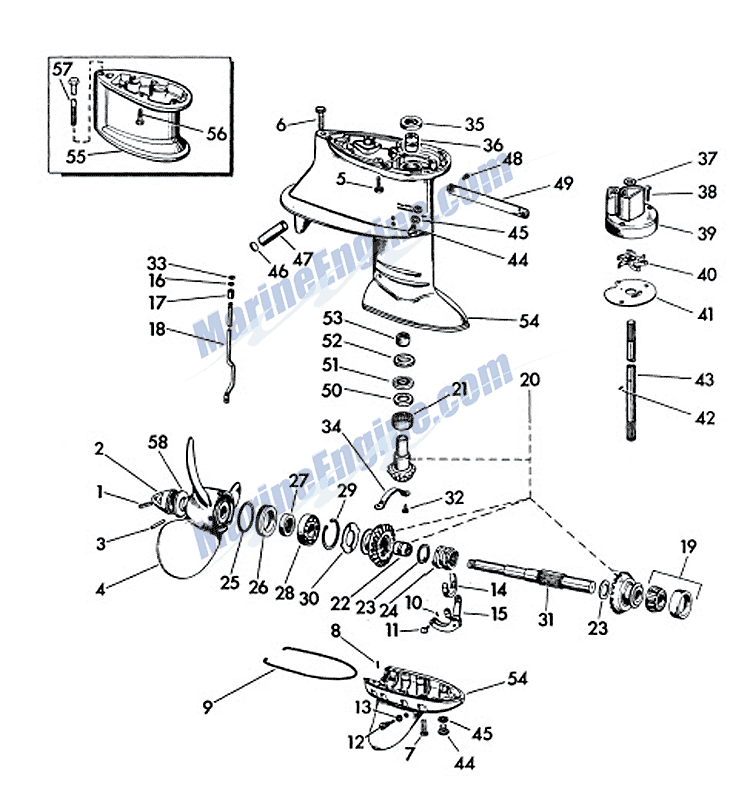 Evinrude Gear Case Parts for 1957 35hp 25532 Outboard Motor 35 hp evinrude parts diagrams 