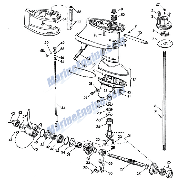Johnson Gear Case Group Parts for 1958 35hp RDE-19 ... 35 hp evinrude parts diagrams 
