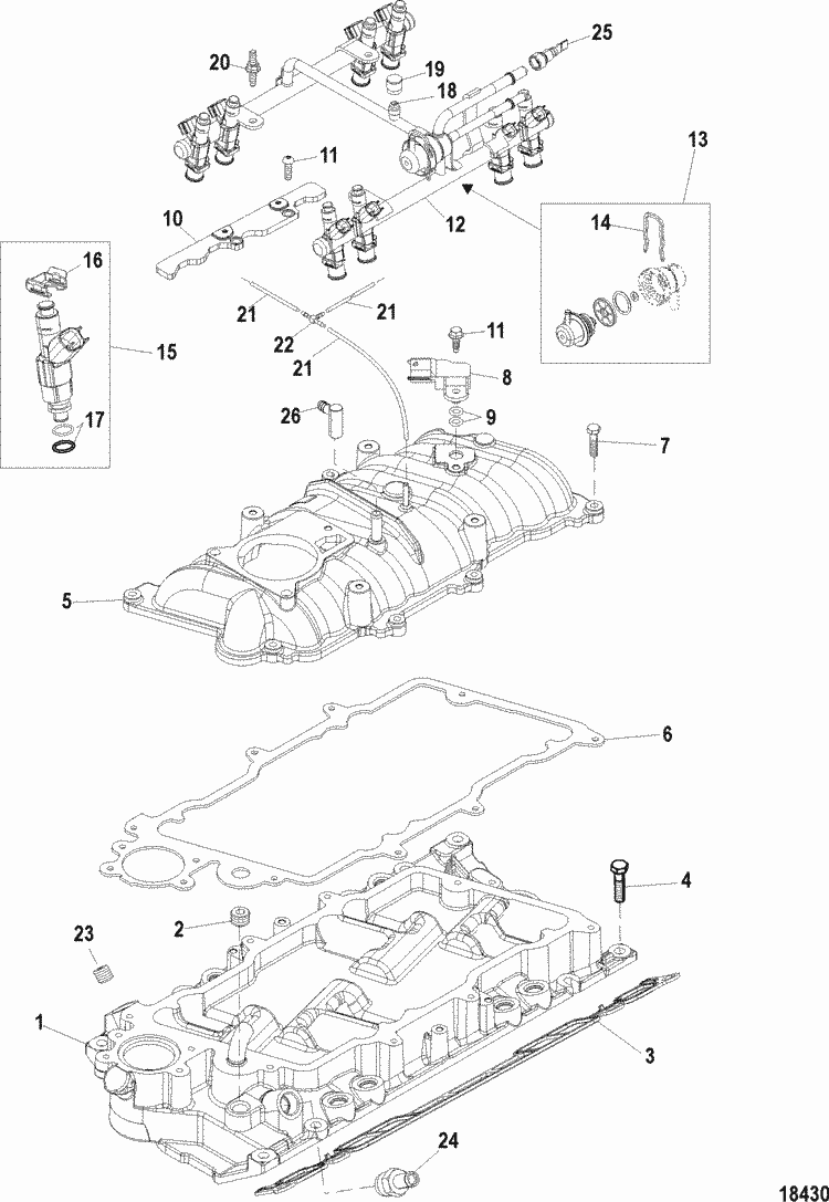 MerCruiser 350 Mag MPI MIE Intake Manifold & Fuel Rail Parts