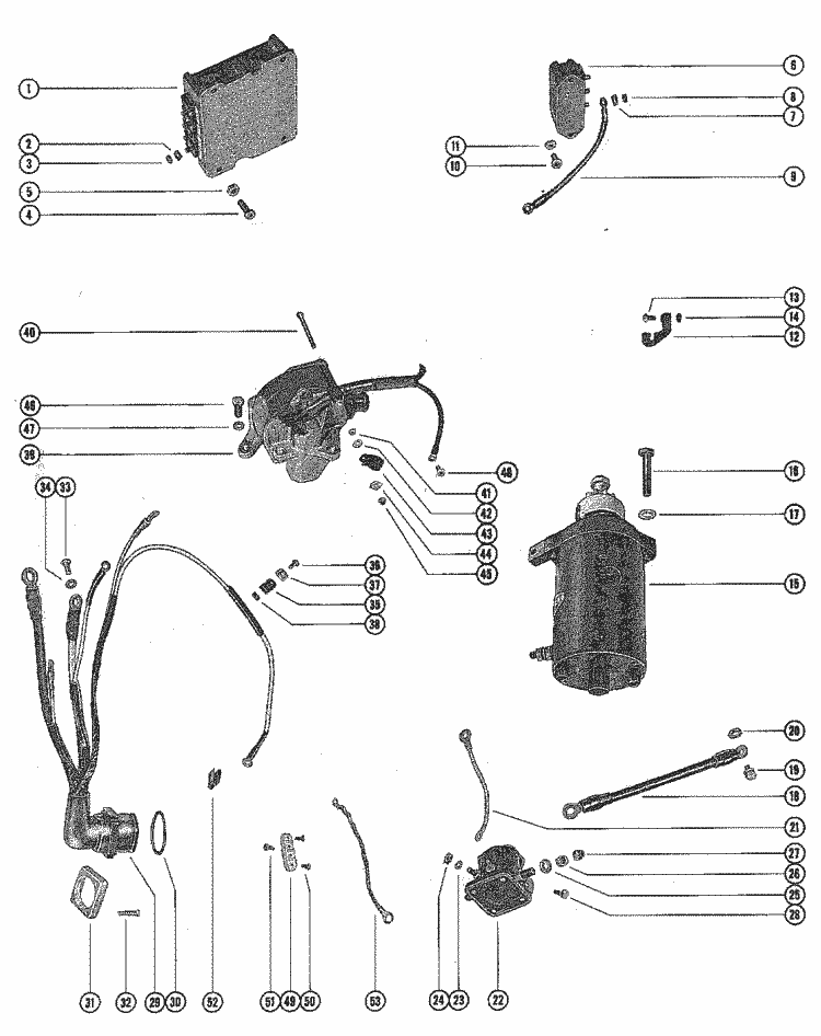 Mercury Marine 500 Starter Motor, Starter Solenoid, Rectifier & Wiring