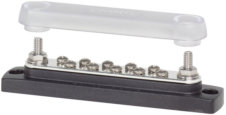 BusBar, 2 x 1/4"-20 Stud, 10 x lb.8-32 Screw, w/Cover 2300 - Blue Sea System Battery Accessories - MarineEngine.com