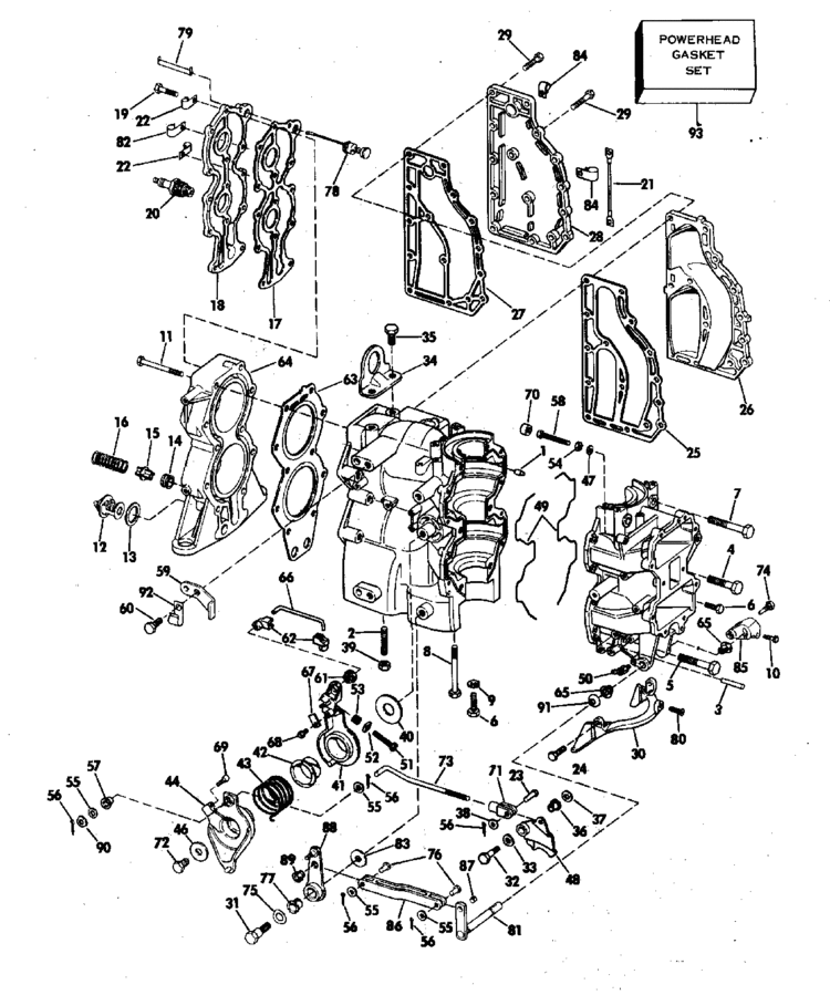 evinrude cylinder \u0026 crankcase parts for 1976 55hp 55673e outboard motorengine section reference numbers in this diagram