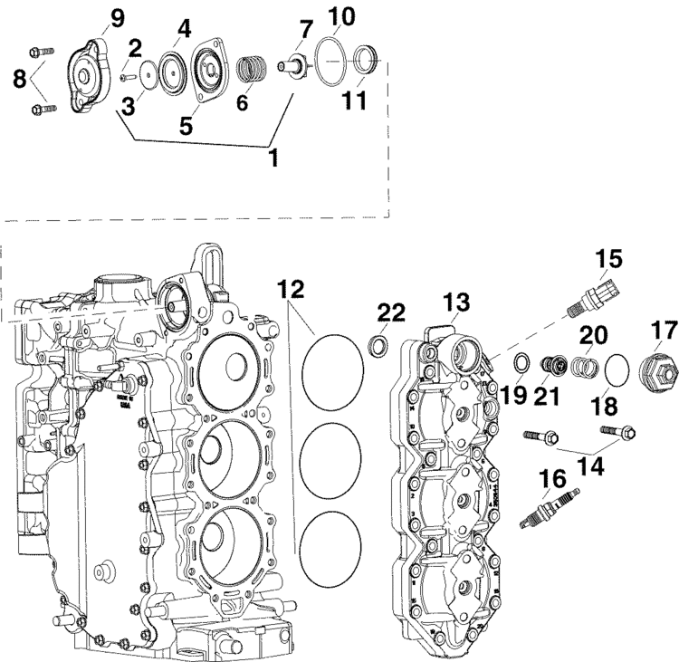 Evinrude Cylinder Head & Thermostat Parts for 2007 90hp E90DPLSUM