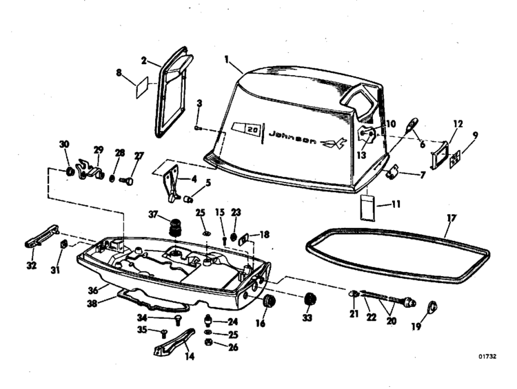 Johnson Motor Cover Group Parts for 1970 20hp 20R70C ... 20 hp johnson outboard diagram 