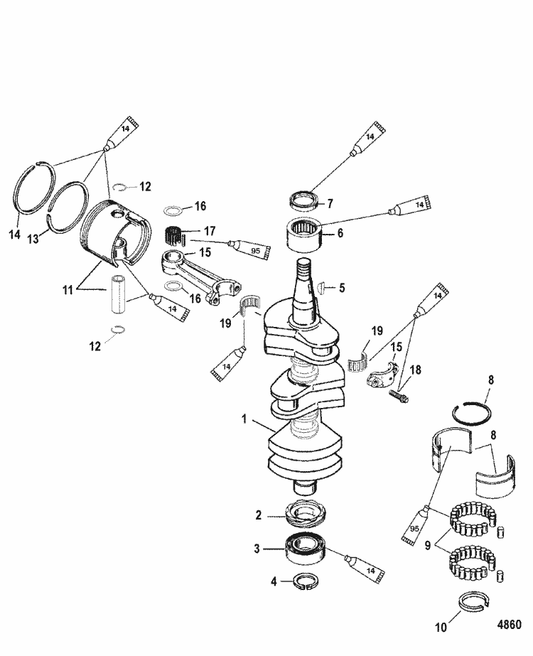 Mercury Marine 40 HP (3 Cylinder) Crankshaft, Pistons & Connection Rods