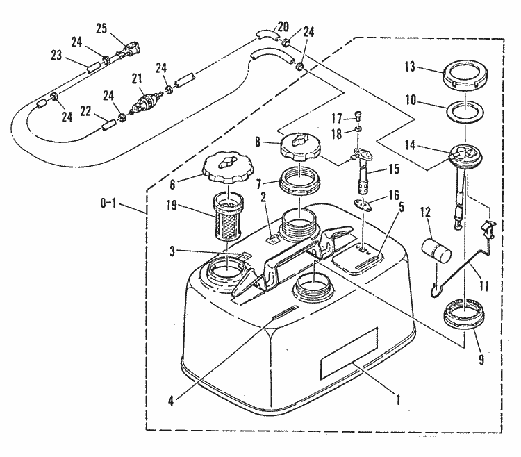 Mariner K25 Fuel Tank & Fuel Line Assembly Fuel Tank & Fuel Line