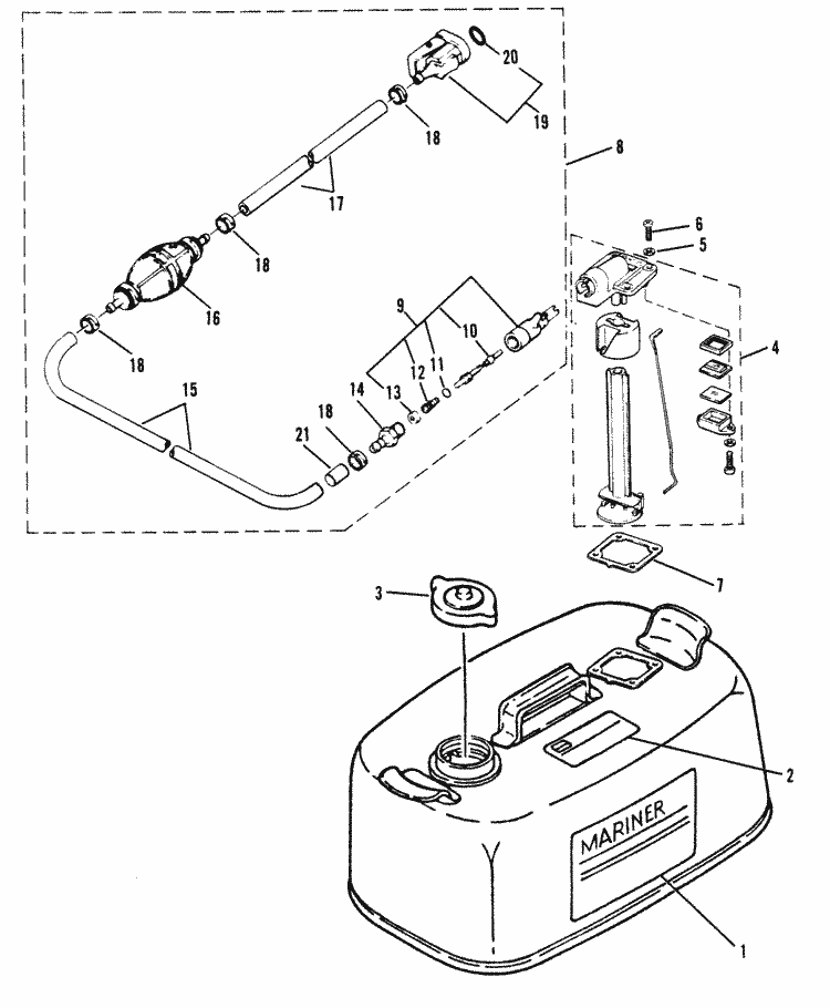 Mariner 40C (Twin Carburetor) Fuel Tank & Fuel Line Assembly (Original