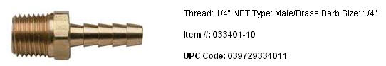 033405-10 - 1/4 NPT X 3/8 Inch Brass Barb, Male