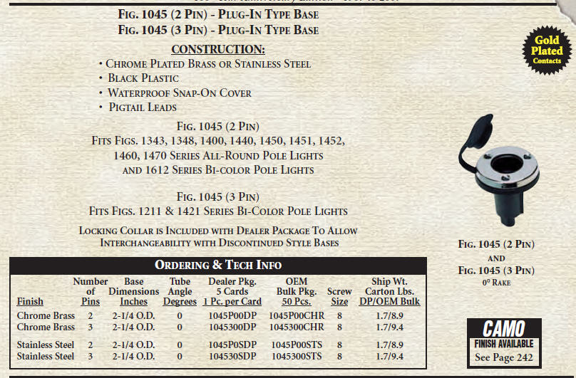 Light Base, 3Pin, 0° Rake 1045300DP Perko Navigation Light Parts
