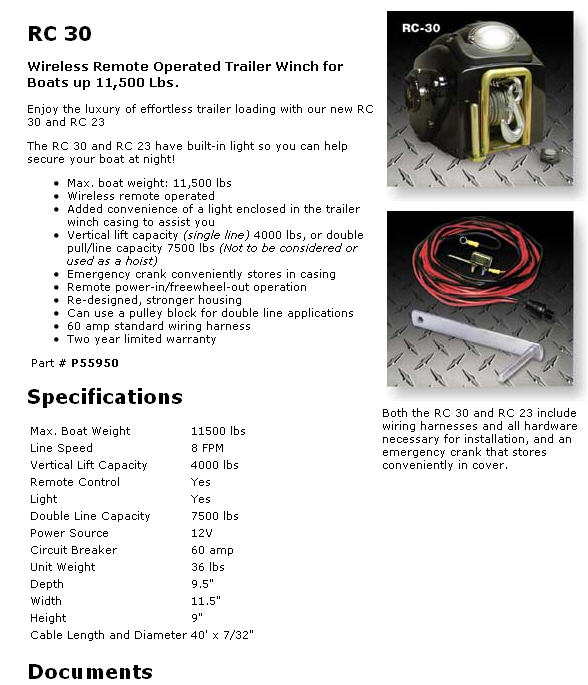 RC30 Elec. Winch f/23'30' Boats 11,500lbs P55950 Powerwh Corporation